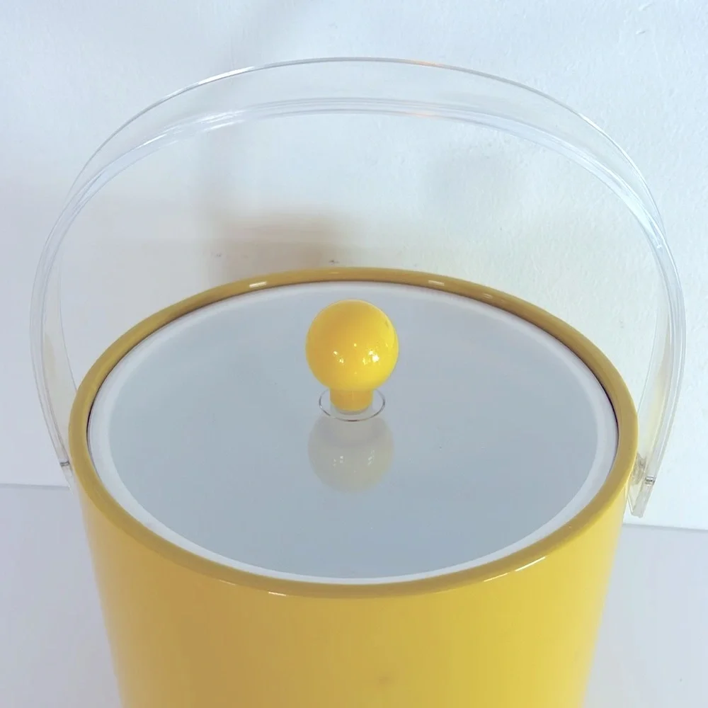 Vintage 1970s Taiwan Vinyl Yellow Ice Bucket with Clear Acrylic Handle & Lid